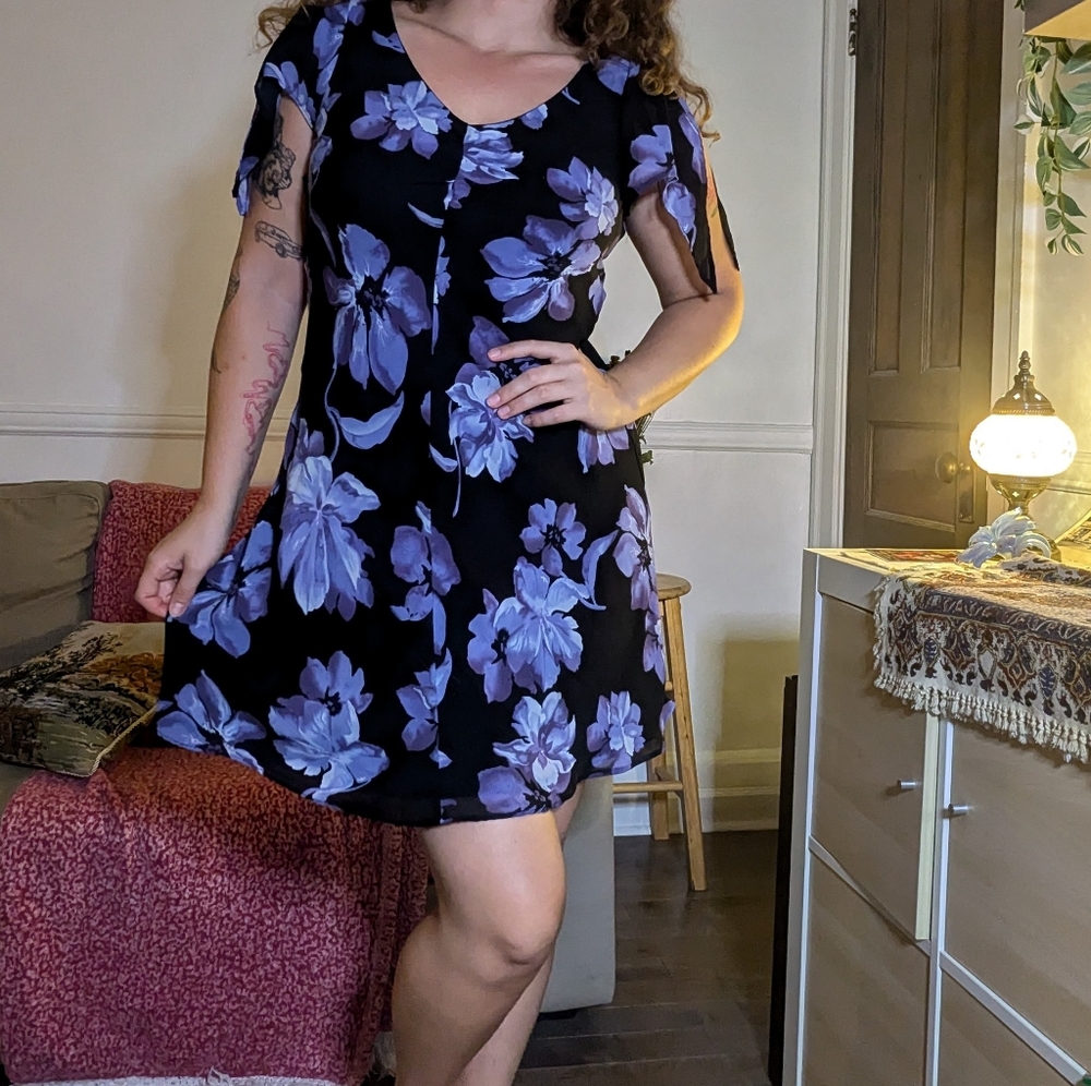 Vintage Floral Black and Purple Dress